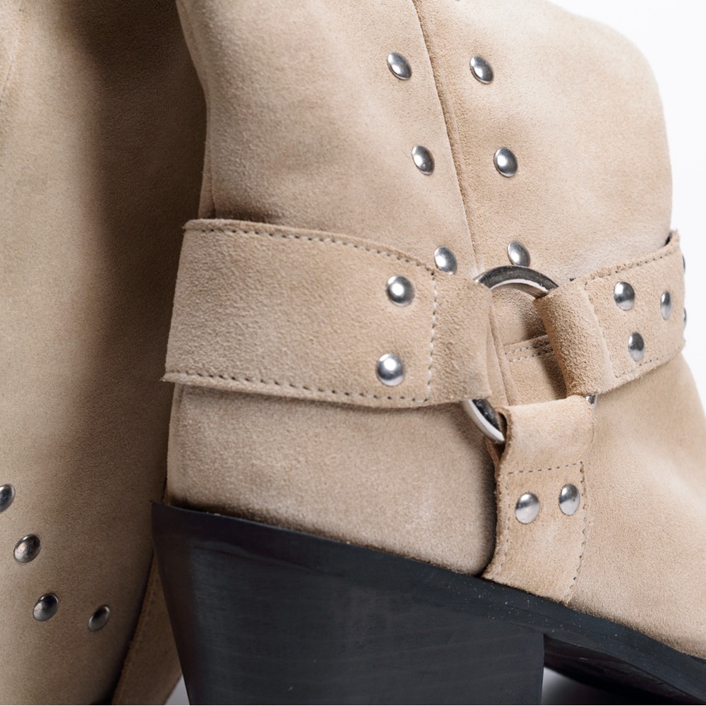Beige Suede Knee-High Boots — Pointed Toe, Stacked Heel, Stud Detail - Picture 8 of 8